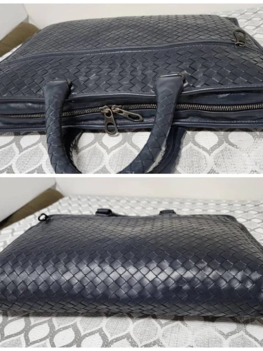 Authentic Bottega Veneta Intrecciato Top Zip Briefcase Navy Blue